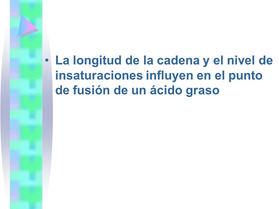 La longitud de la cadena y el nivel de insaturaciones influyen en el punto de fusión de un ácido graso