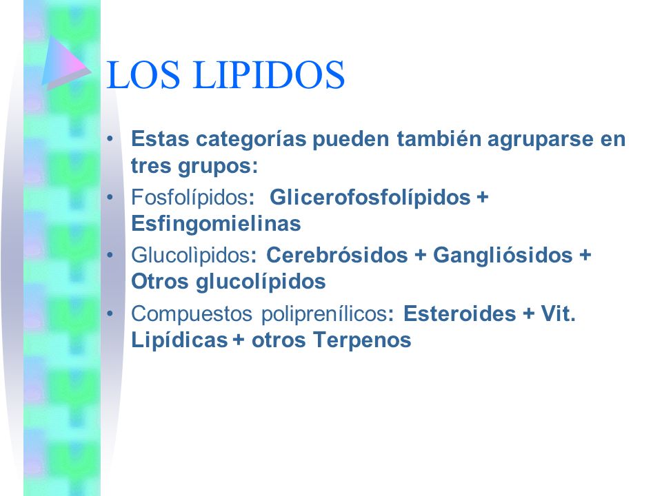 LOS LIPIDOS Estas categorías pueden también agruparse en tres grupos: