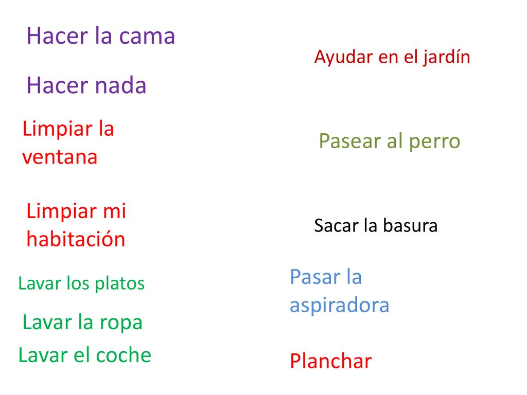 Hacer la cama Hacer nada Limpiar la ventana Pasear al perro