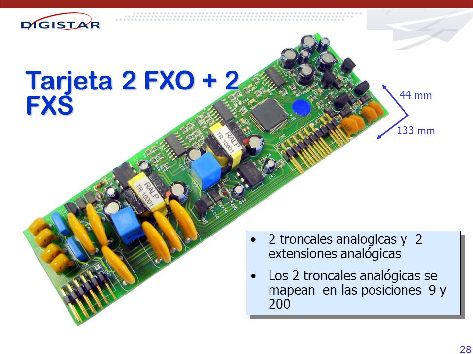 Tarjeta 2 FXO + 2 FXS 133 mm. 44 mm. 2 troncales analogicas y 2 extensiones analógicas.