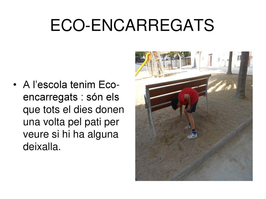 ECO-ENCARREGATS A l’escola tenim Eco-encarregats : són els que tots el dies donen una volta pel pati per veure si hi ha alguna deixalla.