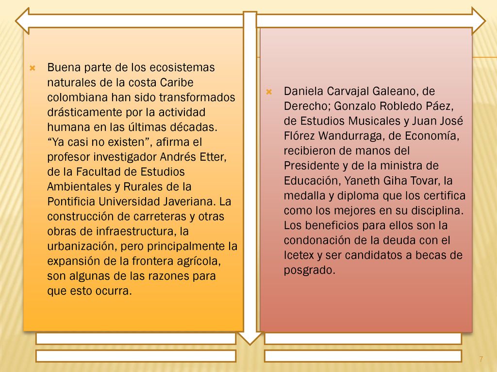 Buena parte de los ecosistemas naturales de la costa Caribe colombiana han sido transformados drásticamente por la actividad humana en las últimas décadas. Ya casi no existen , afirma el profesor investigador Andrés Etter, de la Facultad de Estudios Ambientales y Rurales de la Pontificia Universidad Javeriana. La construcción de carreteras y otras obras de infraestructura, la urbanización, pero principalmente la expansión de la frontera agrícola, son algunas de las razones para que esto ocurra.