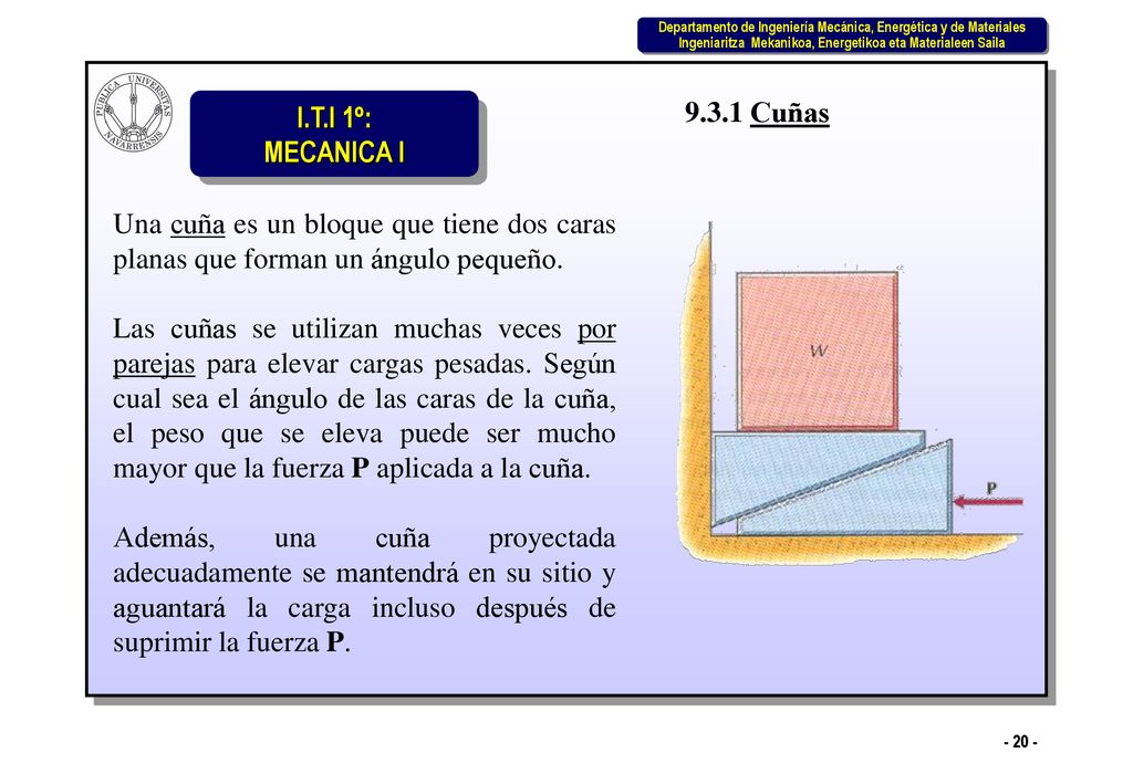9.3.1 Cuñas Una cuña es un bloque que tiene dos caras planas que forman un ángulo pequeño.
