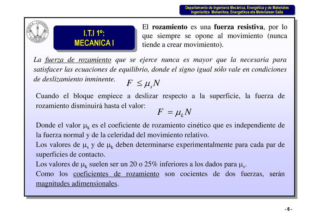 El rozamiento es una fuerza resistiva, por lo que siempre se opone al movimiento (nunca tiende a crear movimiento).