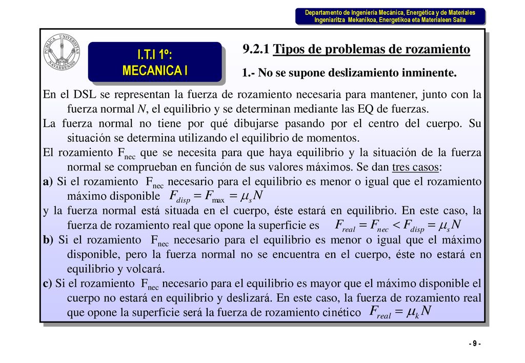 9.2.1 Tipos de problemas de rozamiento