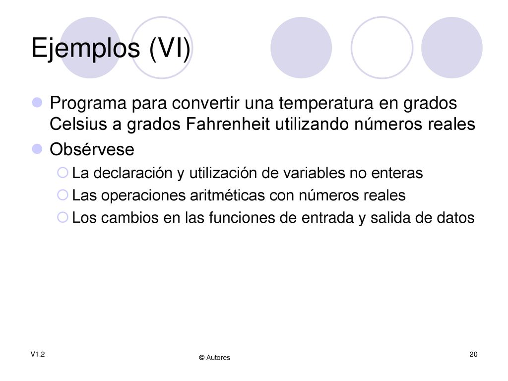 Ejemplos (VI) Programa para convertir una temperatura en grados Celsius a grados Fahrenheit utilizando números reales.