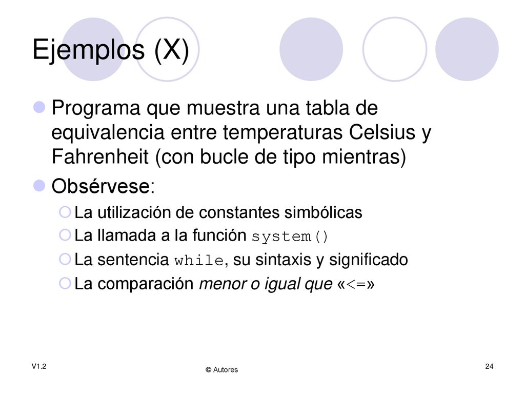 Ejemplos (X) Programa que muestra una tabla de equivalencia entre temperaturas Celsius y Fahrenheit (con bucle de tipo mientras)