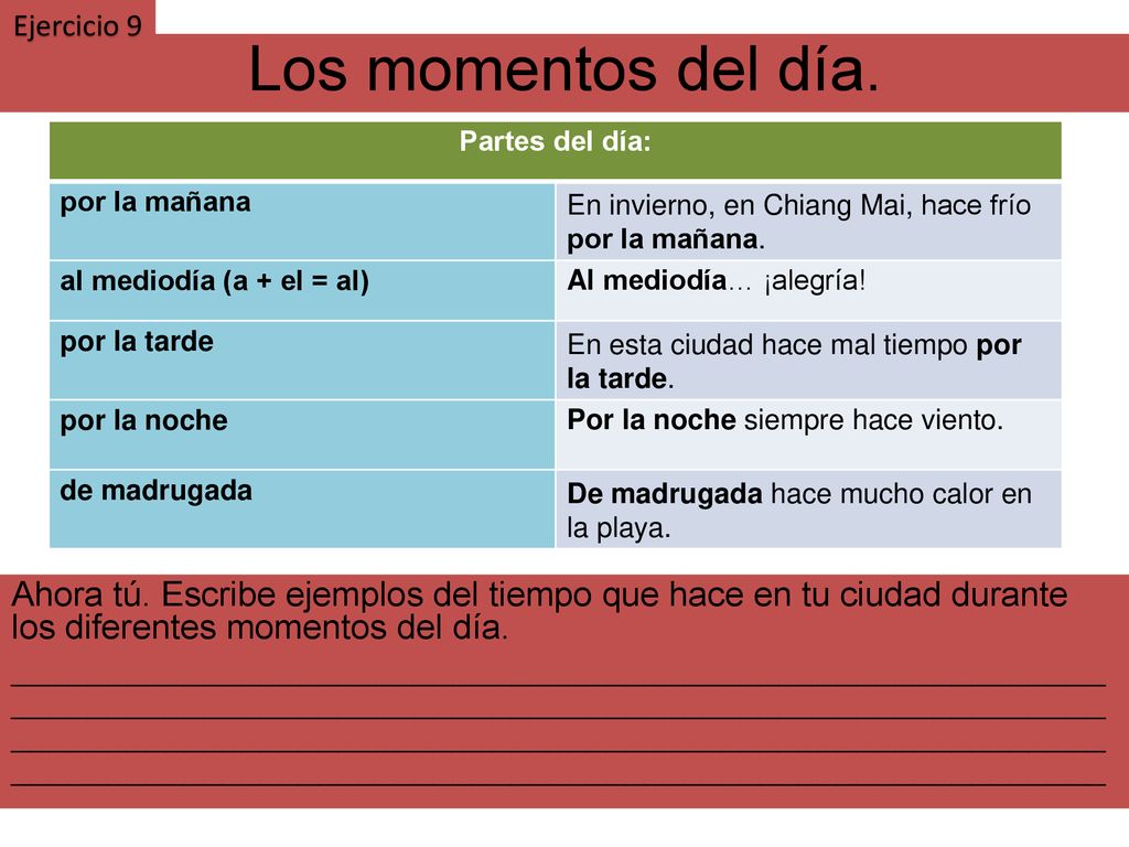 Ejercicio 9 Los momentos del día. Partes del día: por la mañana. En invierno, en Chiang Mai, hace frío por la mañana.