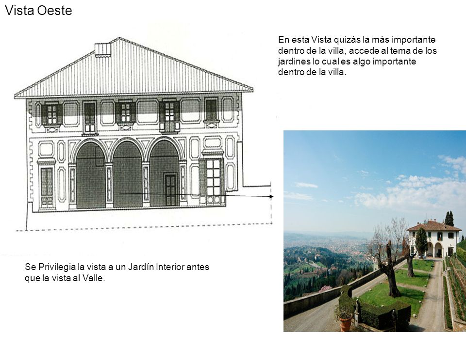 Vista Oeste En esta Vista quizás la más importante dentro de la villa, accede al tema de los jardines lo cual es algo importante dentro de la villa.
