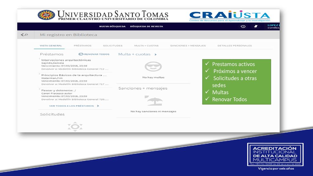 Prestamos activos Próximos a vencer Solicitudes a otras sedes Multas Renovar Todos