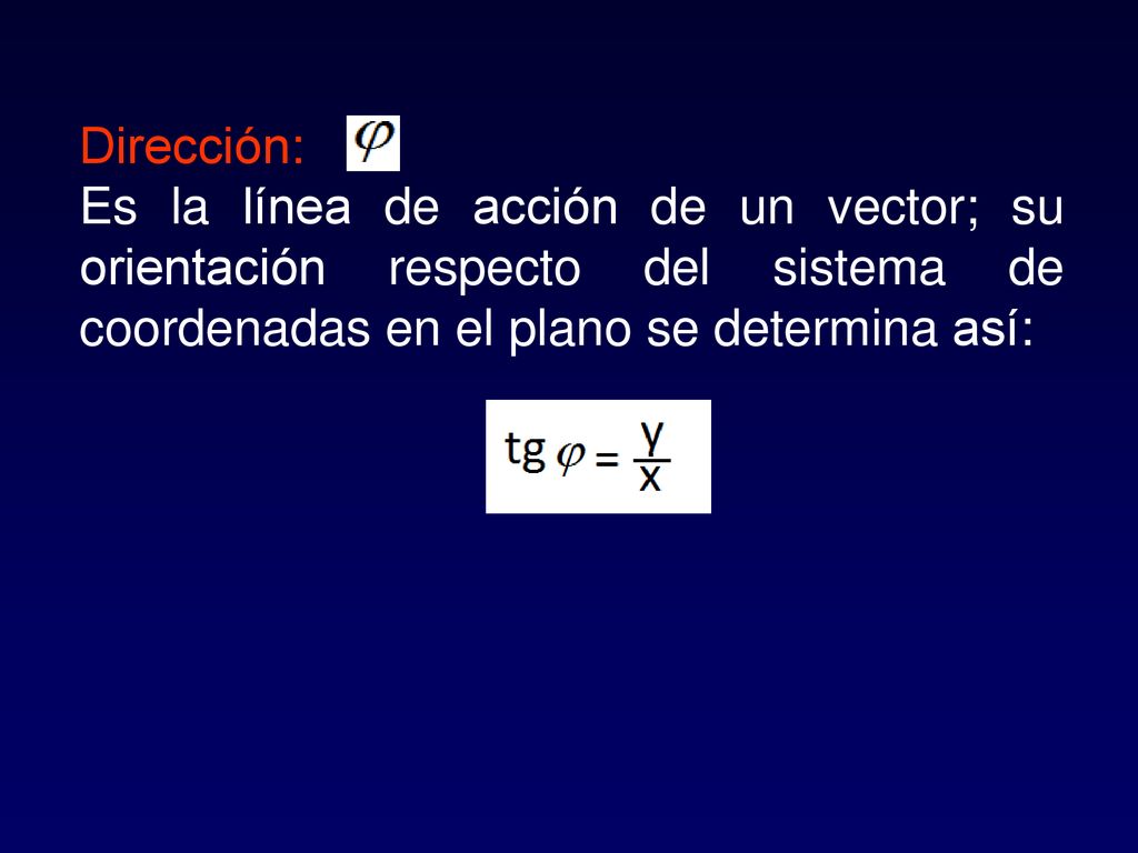 Dirección: Es la línea de acción de un vector; su orientación respecto del sistema de coordenadas en el plano se determina así: