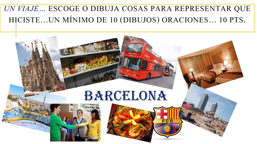 Un viaje… Escoge o dibuja cosas para representar que hiciste…un mÍnimo de 10 (dibujos) oraciones… 10 pts.