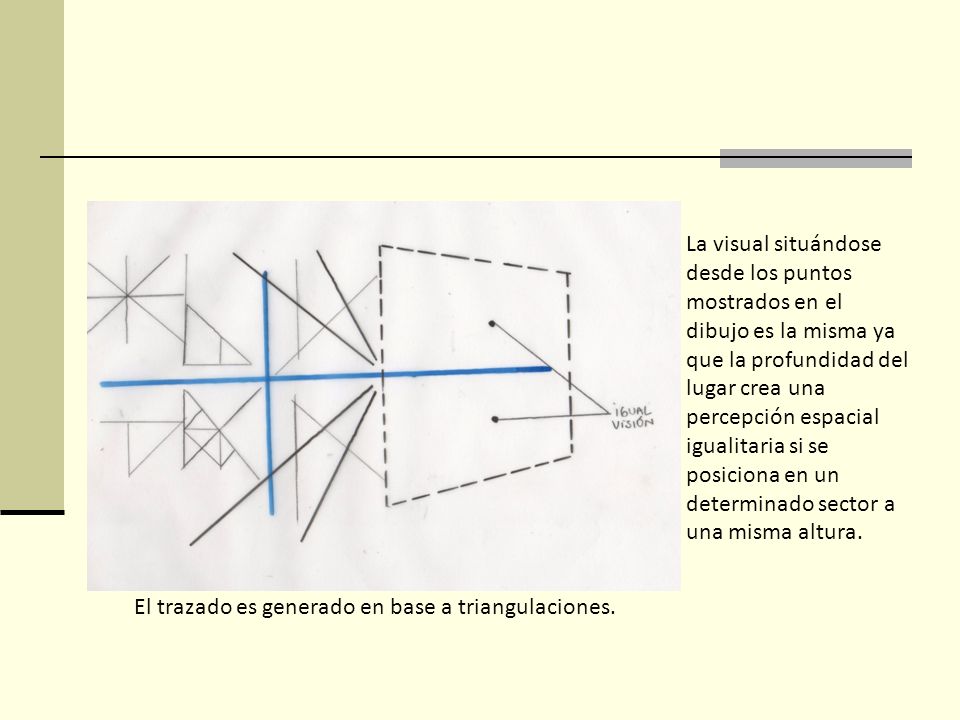 La visual situándose desde los puntos mostrados en el dibujo es la misma ya que la profundidad del lugar crea una percepción espacial igualitaria si se posiciona en un determinado sector a una misma altura.