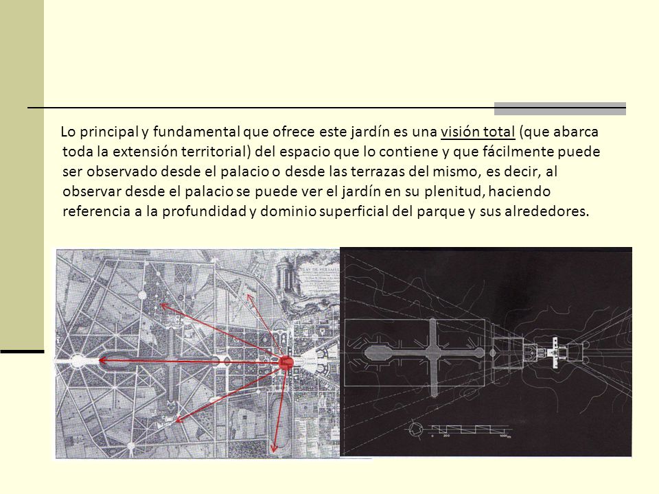 Lo principal y fundamental que ofrece este jardín es una visión total (que abarca toda la extensión territorial) del espacio que lo contiene y que fácilmente puede ser observado desde el palacio o desde las terrazas del mismo, es decir, al observar desde el palacio se puede ver el jardín en su plenitud, haciendo referencia a la profundidad y dominio superficial del parque y sus alrededores.