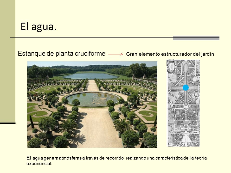 El agua. Estanque de planta cruciforme Gran elemento estructurador del jardín.