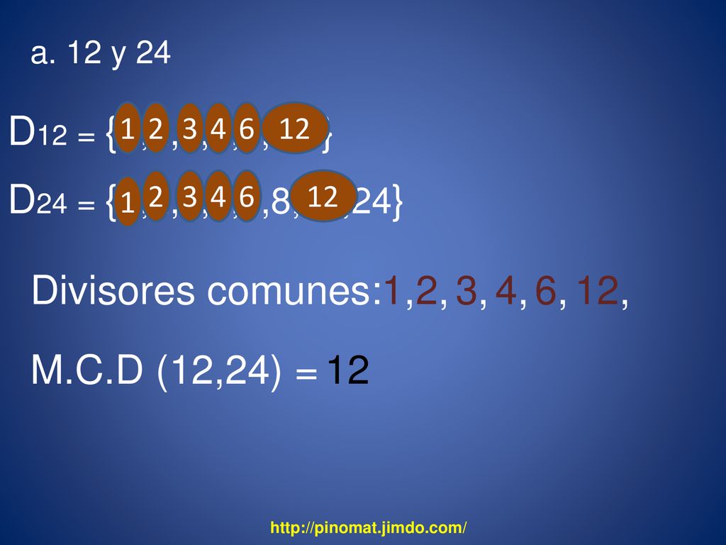 D12 = { D24 = { Divisores comunes: 1, 2, 3, 4, 6, 12, M.C.D (12,24) =