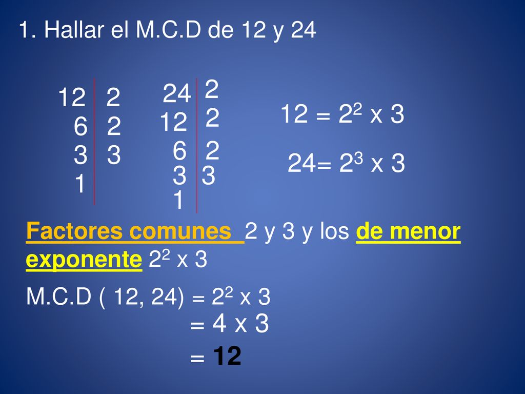1. Hallar el M.C.D de 12 y = 22 x = 23 x 3.