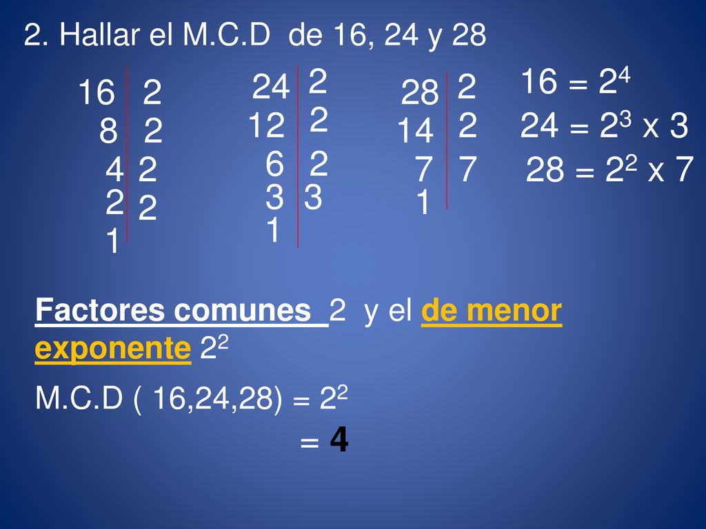 2. Hallar el M.C.D de 16, 24 y = = 23 x
