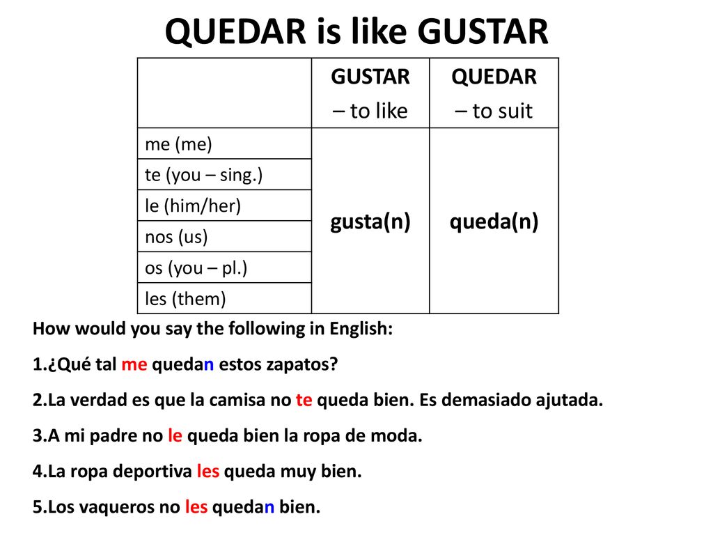 QUEDAR is like GUSTAR GUSTAR – to like QUEDAR – to suit gusta(n)