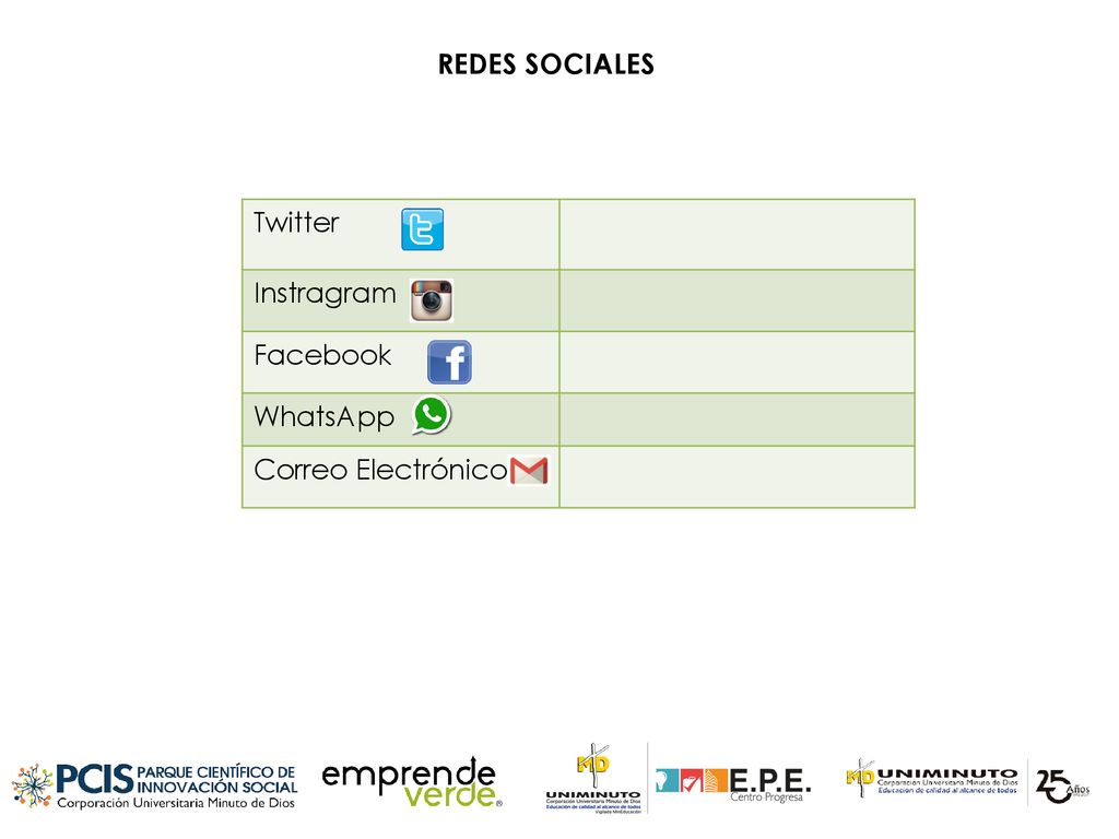 REDES SOCIALES Twitter Instragram Facebook WhatsApp Correo Electrónico