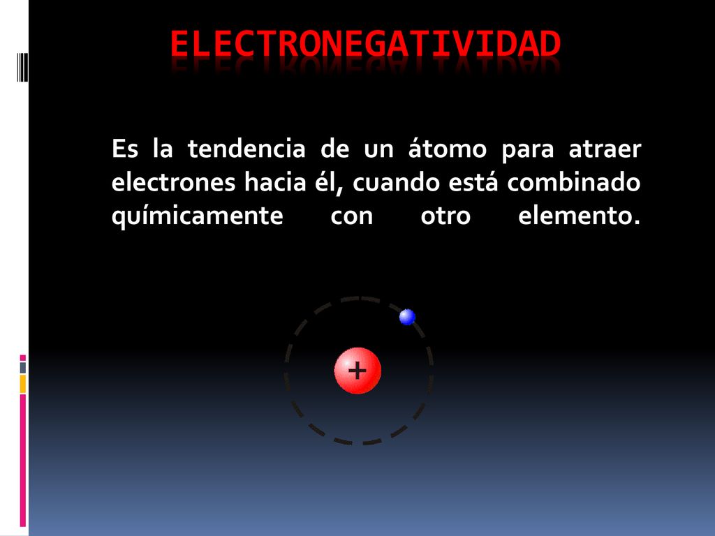 electronegatividad Es la tendencia de un átomo para atraer electrones hacia él, cuando está combinado químicamente con otro elemento.