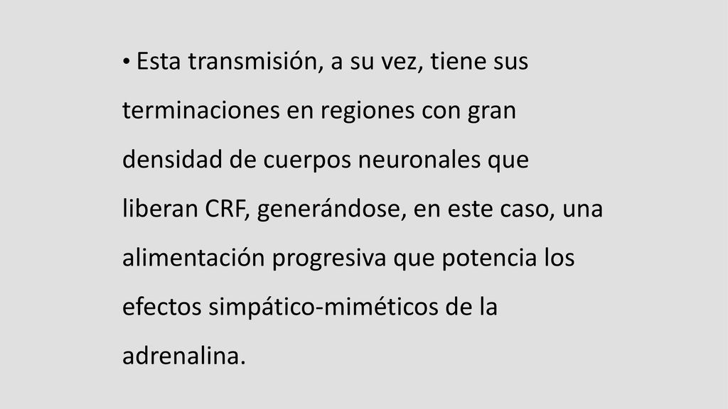 Esta transmisión, a su vez, tiene sus terminaciones en regiones con gran densidad de cuerpos neuronales que liberan CRF, generándose, en este caso, una alimentación progresiva que potencia los efectos simpático-miméticos de la adrenalina.