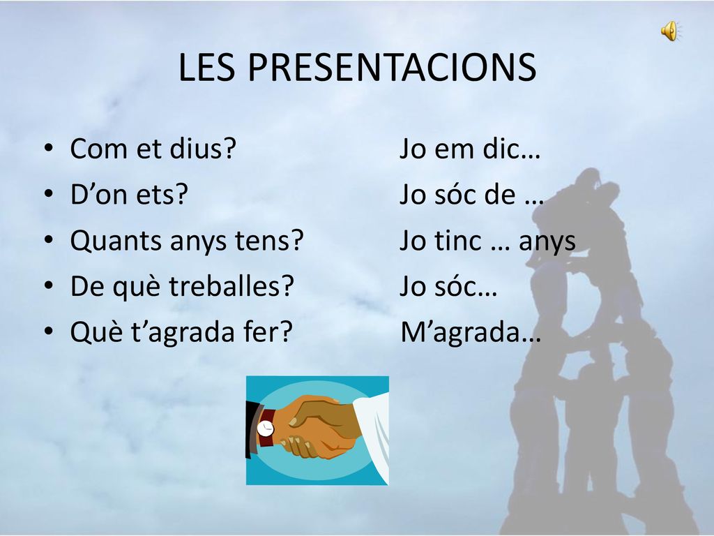 LES PRESENTACIONS Com et dius Jo em dic… D’on ets Jo sóc de …