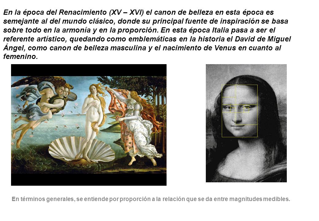 En la época del Renacimiento (XV – XVI) el canon de belleza en esta época es semejante al del mundo clásico, donde su principal fuente de inspiración se basa sobre todo en la armonía y en la proporción. En esta época Italia pasa a ser el referente artístico, quedando como emblemáticas en la historia el David de Miguel Ángel, como canon de belleza masculina y el nacimiento de Venus en cuanto al femenino.