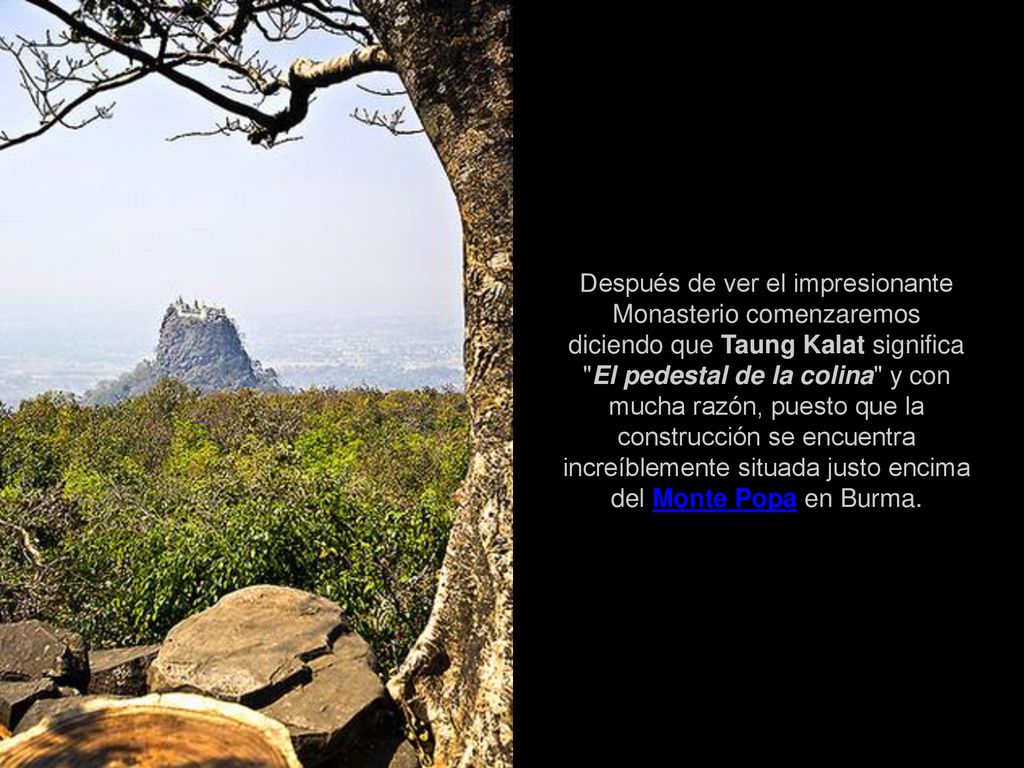 Después de ver el impresionante Monasterio comenzaremos diciendo que Taung Kalat significa El pedestal de la colina y con mucha razón, puesto que la construcción se encuentra increíblemente situada justo encima del Monte Popa en Burma.