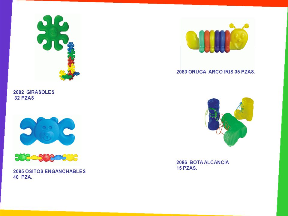 2083 ORUGA ARCO IRIS 35 PZAS GIRASOLES. 32 PZAS BOTA ALCANCÍA. 15 PZAS OSITOS ENGANCHABLES.