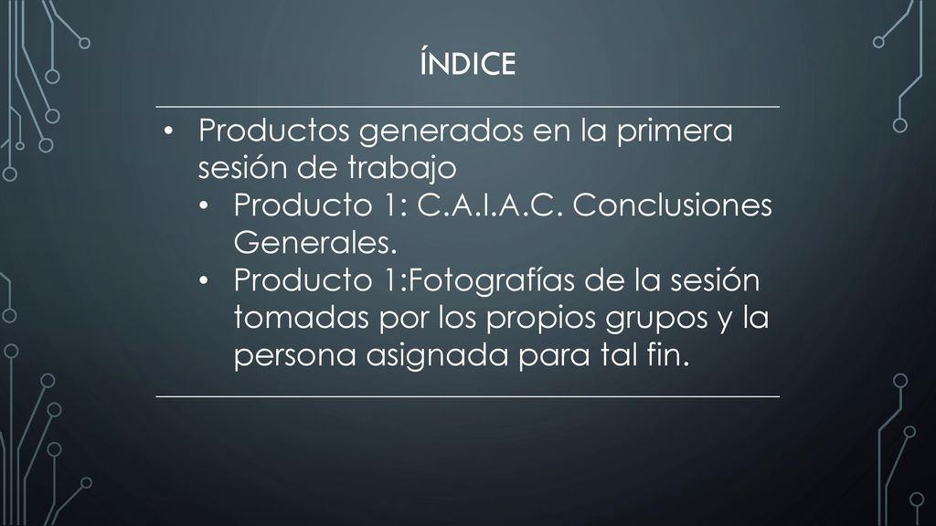 índice Productos generados en la primera sesión de trabajo