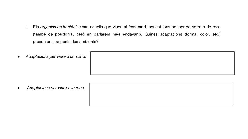 Els organismes bentònics són aquells que viuen al fons marí, aquest fons pot ser de sorra o de roca (també de posidònia, però en parlarem més endavant). Quines adaptacions (forma, color, etc.) presenten a aquests dos ambients