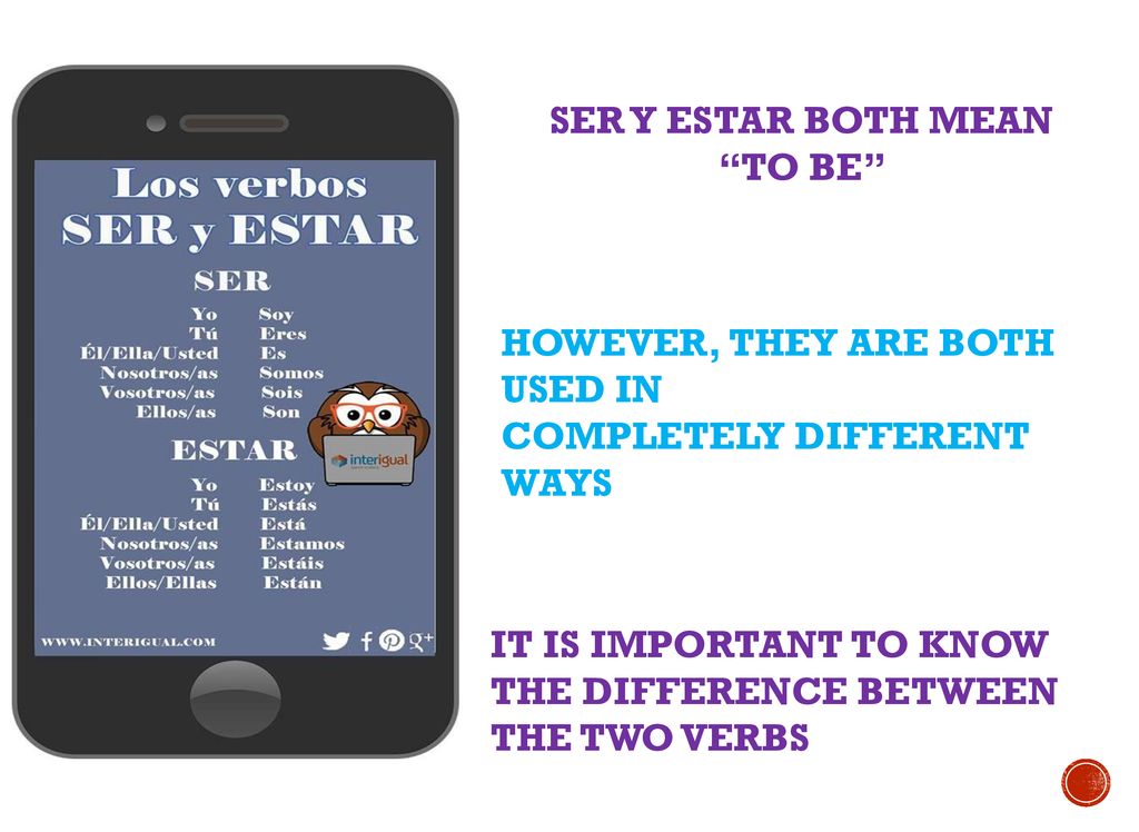 SER Y ESTAR BOTH MEAN TO BE HOWEVER, THEY ARE BOTH USED IN. COMPLETELY DIFFERENT WAYS.