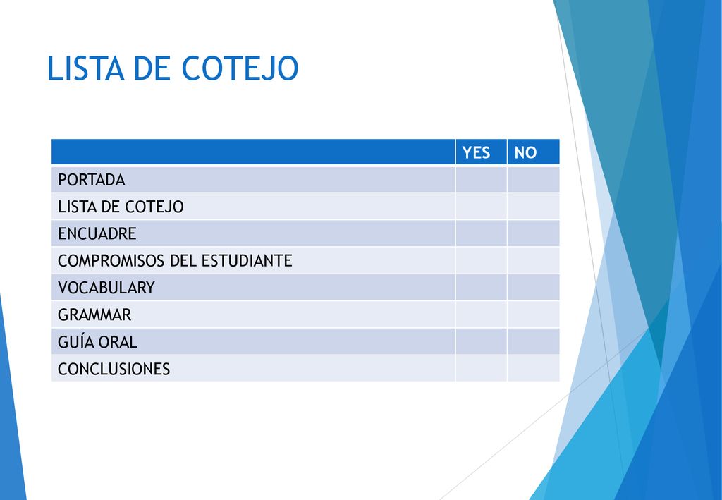 LISTA DE COTEJO YES NO PORTADA LISTA DE COTEJO ENCUADRE