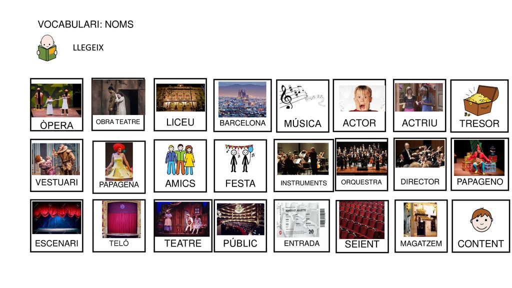 VOCABULARI: NOMS LLEGEIX ÒPERA LICEU MÚSICA ACTOR ACTRIU TRESOR AMICS