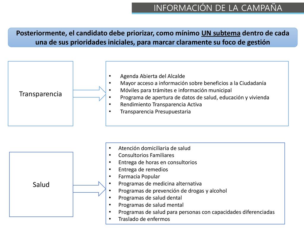 Posteriormente, el candidato debe priorizar, como mínimo UN subtema dentro de cada una de sus prioridades iniciales, para marcar claramente su foco de gestión