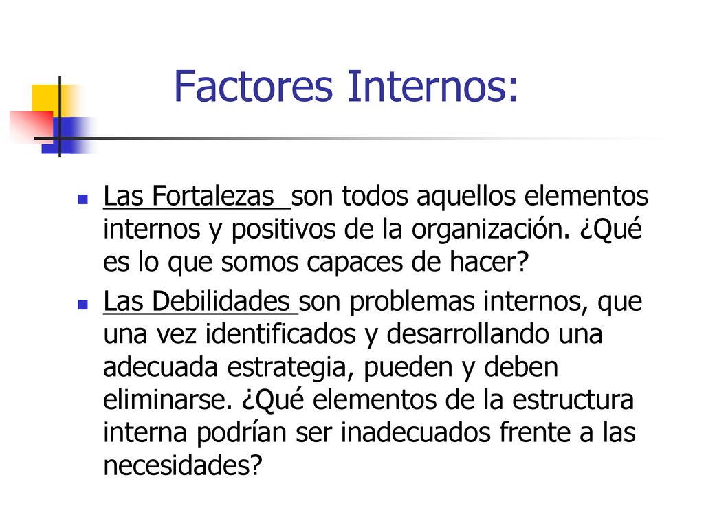 Factores Internos: Las Fortalezas son todos aquellos elementos internos y positivos de la organización. ¿Qué es lo que somos capaces de hacer