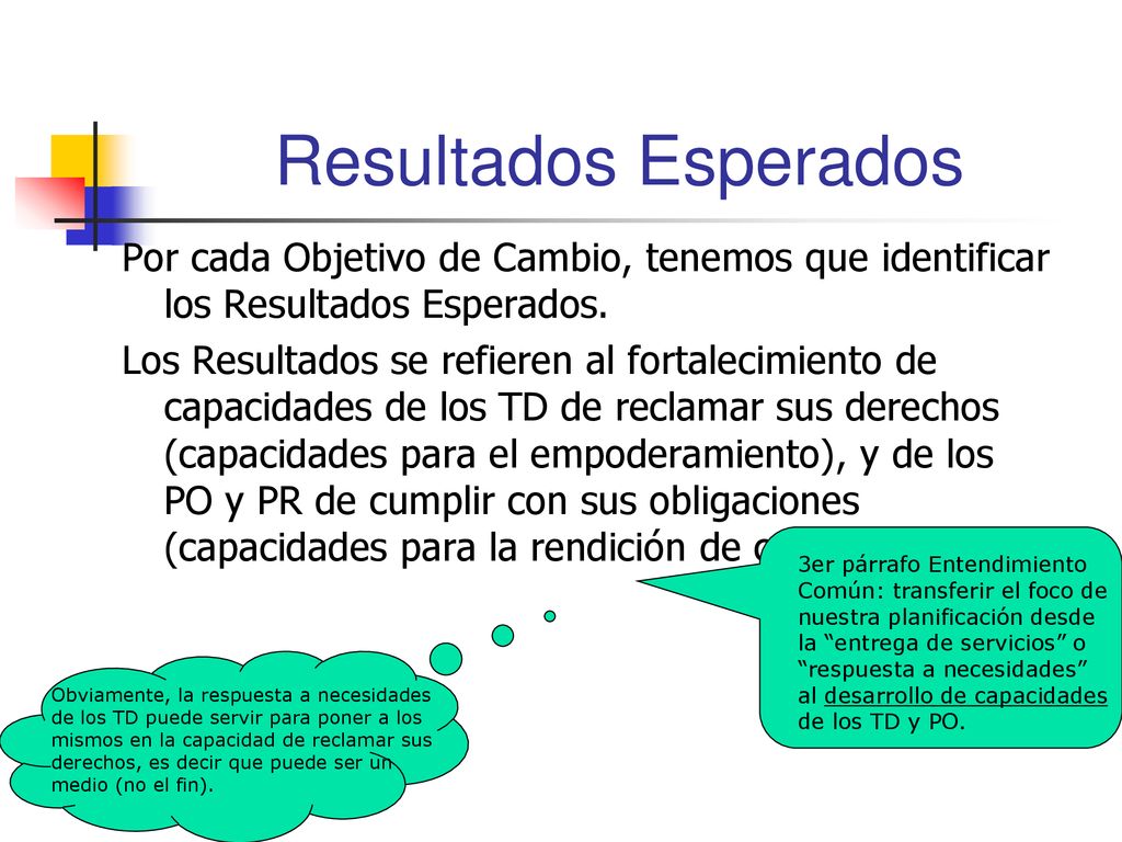 Resultados Esperados Por cada Objetivo de Cambio, tenemos que identificar los Resultados Esperados.