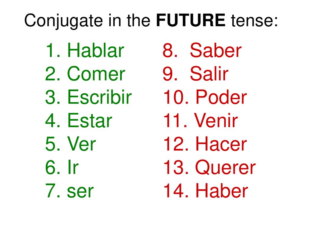 1. Hablar 2. Comer 3. Escribir 4. Estar 5. Ver 6. Ir 7. ser
