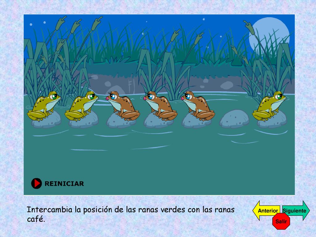 Intercambia la posición de las ranas verdes con las ranas café.