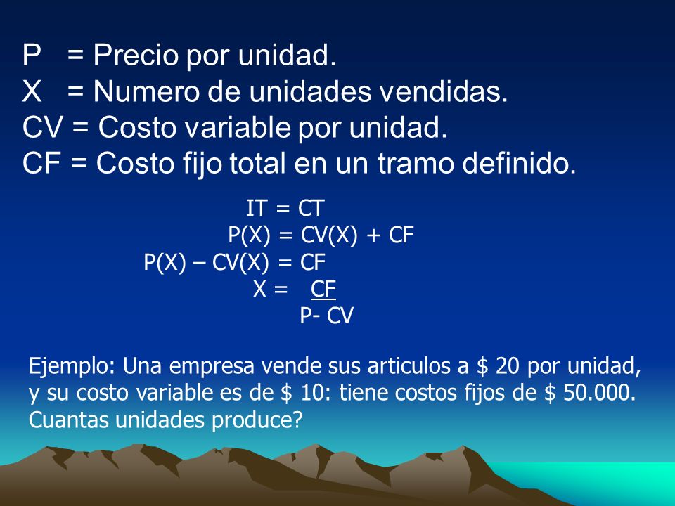 X = Numero de unidades vendidas. CV = Costo variable por unidad.
