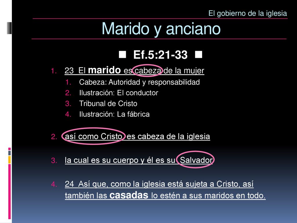 Marido y anciano  Ef.5:21-33  23 El marido es cabeza de la mujer