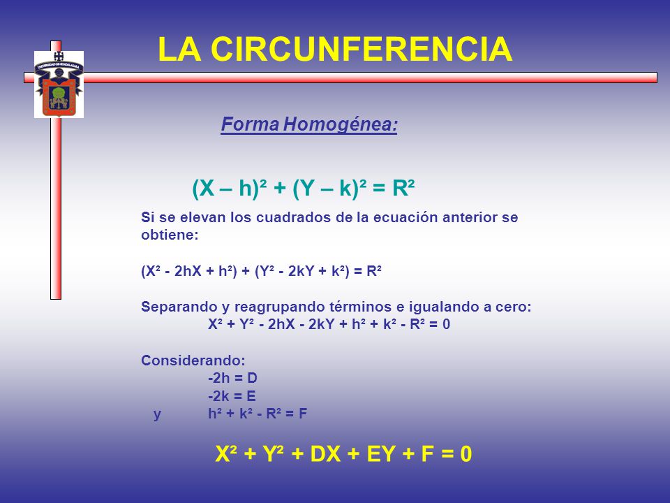 LA CIRCUNFERENCIA X² + Y² + DX + EY + F = 0 Forma Homogénea: