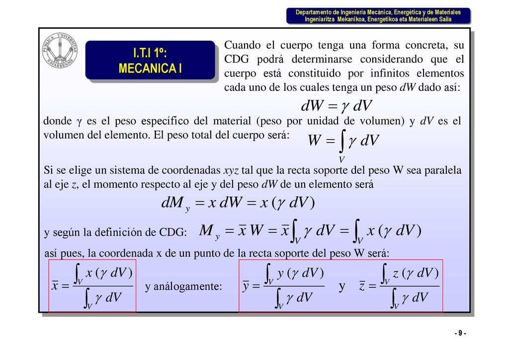 Cuando el cuerpo tenga una forma concreta, su CDG podrá determinarse considerando que el cuerpo está constituido por infinitos elementos cada uno de los cuales tenga un peso dW dado así: