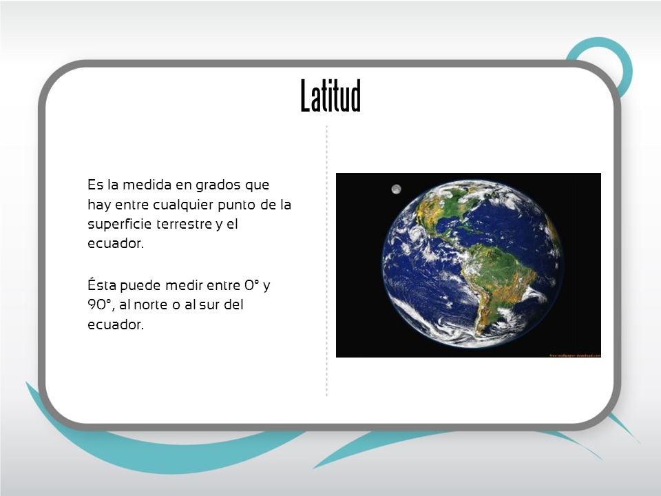 Latitud Es la medida en grados que hay entre cualquier punto de la superficie terrestre y el ecuador.