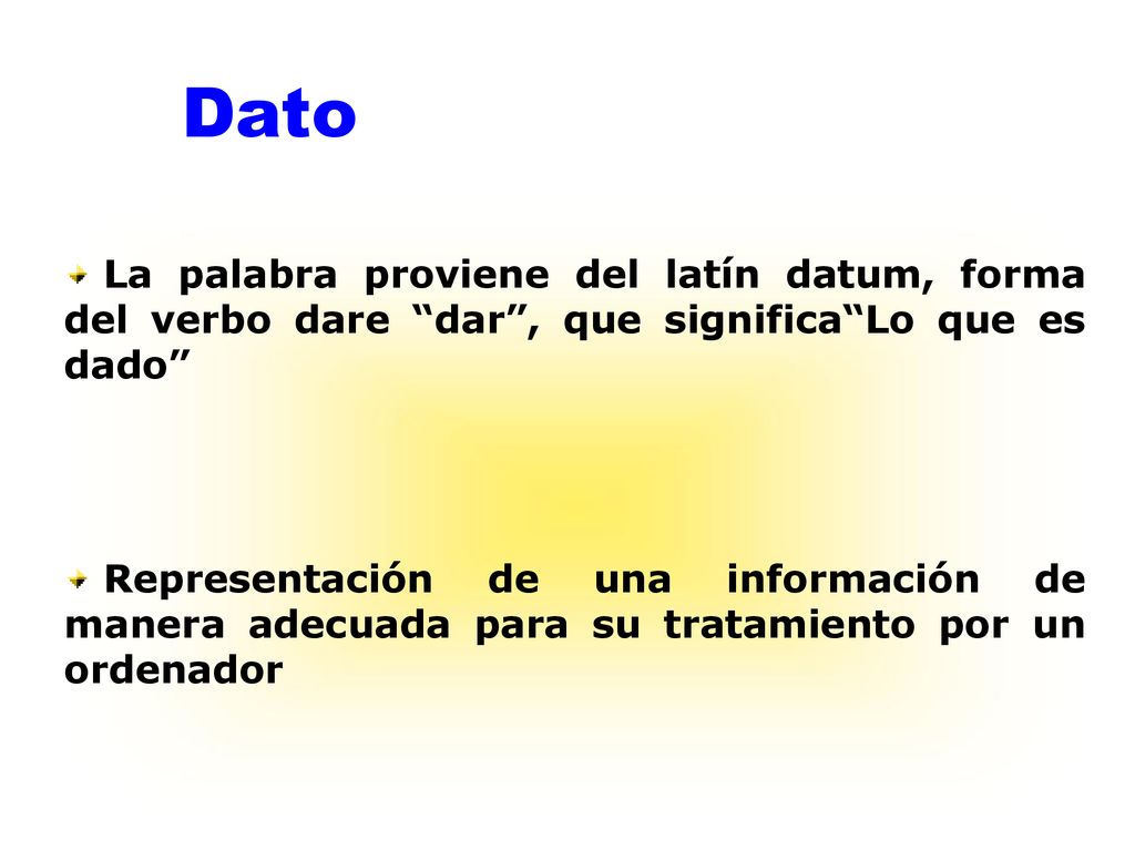 Dato La palabra proviene del latín datum, forma del verbo dare dar , que significa Lo que es dado