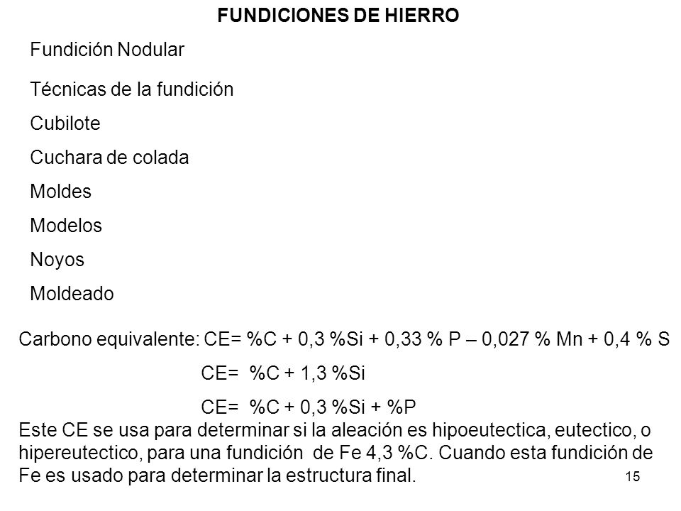 FUNDICIONES DE HIERRO Fundición Nodular. Técnicas de la fundición. Cubilote. Cuchara de colada. Moldes.