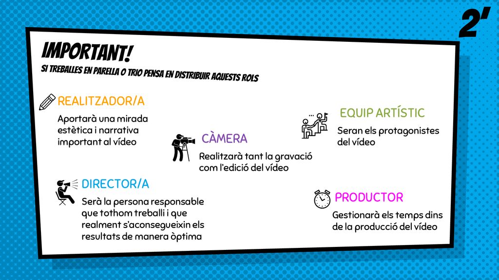 2’ IMPORTANT! SI TREBALLES EN PARELLA O TRIO PENSA EN DISTRIBUIR AQUESTS ROLS. REALITZADOR/A.