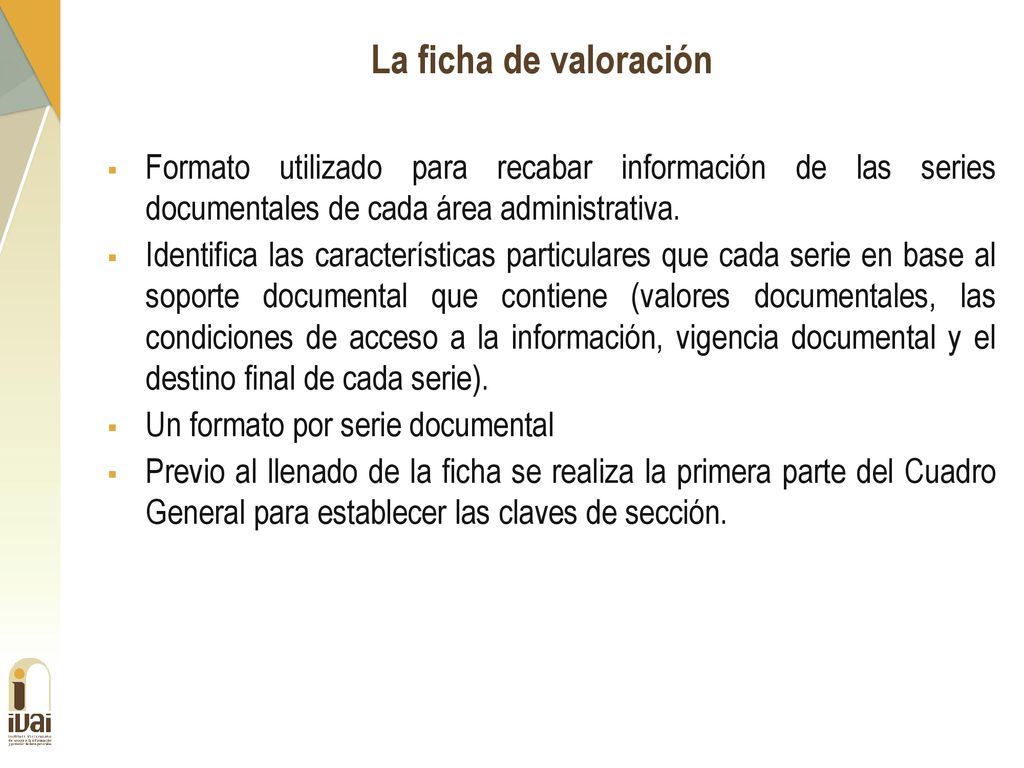 La ficha de valoración Formato utilizado para recabar información de las series documentales de cada área administrativa.