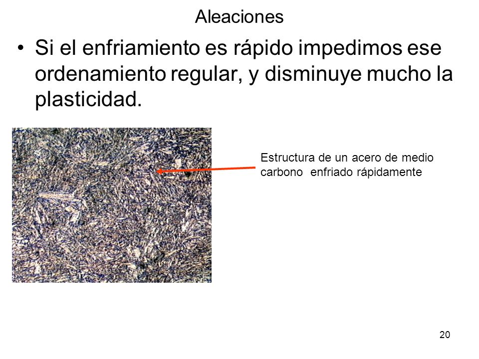 Aleaciones Si el enfriamiento es rápido impedimos ese ordenamiento regular, y disminuye mucho la plasticidad.